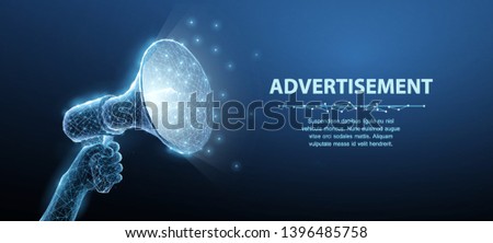Hand with Bullhorn. Abstract vector 3d megaphone on blue background. Communication, announcement message, shout speech, warning alert concept. Promotion advertisement, marketing information symbol.