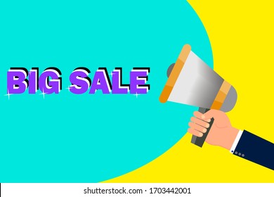 Hand with a bullhorn on a yellow-turquoise background with the words "sale". Vector illustration.