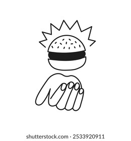 Hand with Burger Doodle Icon. Playful magical fast food symbol in cartoon comic style. Flying hamburger. Finger gesture line art. Vector illustration.