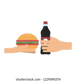 Hand with burger and soda bottle