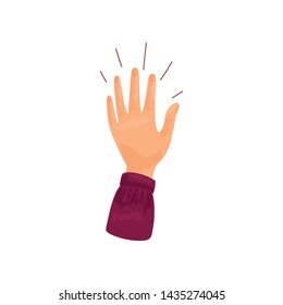 Hand in a burgundy shirt is raised up. Vector illustration on white background.