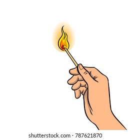 Hand with burned match pop art retro vector illustration. Isolated image on white background. Comic book style imitation.