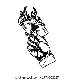 Hand with burning ace of spades card in vintage monochrome style isolated vector illustration