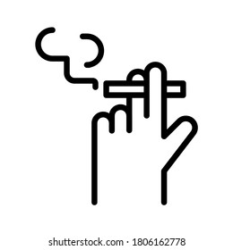 Hand with burning cigarette icon. Line vector. Isolate on white background.