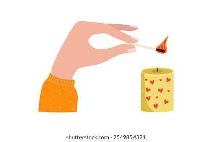 Mano con fósforo ardiente, vela en frasco de vidrio. Corazones, San Valentín. Vela acogedora de cera ardiente, llama. La mujer enciende fuego. El fondo blanco. Elemento del interior del hogar. Decoraciones, decoración, comodidad.