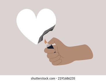 A Hand Burning A Paper Heart With A Lighter, Relationship Difficulties