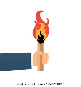 Hand with burning torch. Fire flames on a big torch. Vector flat design illustration