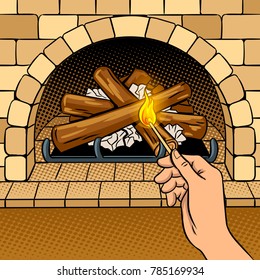 Hand burns fireplace with match pop art retro vector illustration. Comic book style imitation.