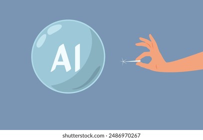 
Hand Bursting AI Tech Bubble Vector Concept Illustration. Prediction of end tech hype of a controversial over promise 
