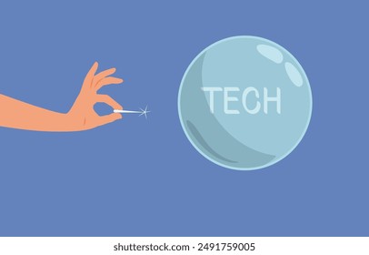 
Hand Bursting the Tech Bubble Vector Conceptual Illustration. Speculative overvalued industry ready to pop 
