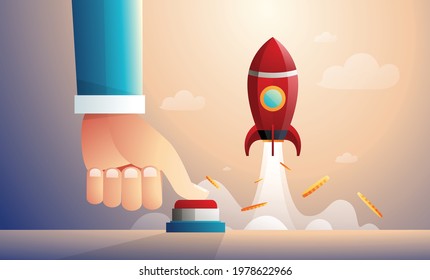 hand business blue presses the button and launches a rocket, Startup a space business concept. Eps Vector