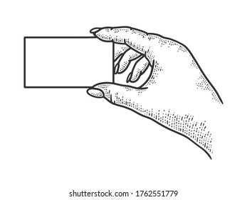 hand with a business card sketch engraving vector illustration. T-shirt apparel print design. Scratch board imitation. Black and white hand drawn image.