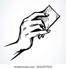 Hand mit Visitenkarte. Vektorzeichnung