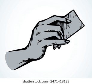 Hand with business card. Vector drawing