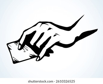 Hand with business card. Vector drawing