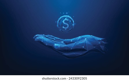 Handgeschäft mit Dollargeld Digitale Technologie auf blauem Hintergrund, Geld sparen und Einkommen investieren Konzept. Rückerstattung und Zahlung. Vektor-Illustration fantastische Low-Poly-Drahtmodell.