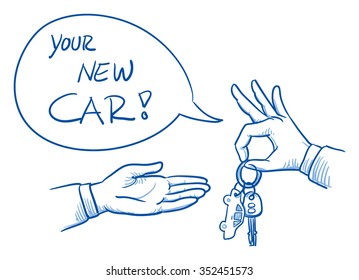 Hand of business man giving car keys to customer with speech bubble. Hand drawn vector cartoon Illustration