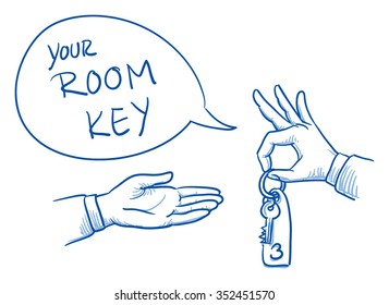 Hand of business man giving hotel room keys to customer with speech bubble. Hand drawn vector cartoon Illustration