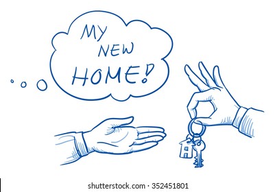 Hand of business man giving house of flat keys to customer with thought bubble. Hand drawn vector cartoon Illustration