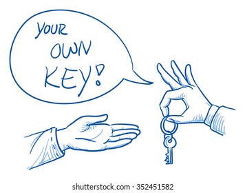 Hand des Geschäftsmanns, der den Kunden mit der Sprechblase Schlüssel gibt. handgezeichnete Vektorgrafik-Illustration