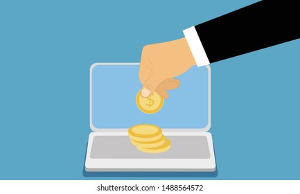 Hand business man hold coin money in laptop vector design.