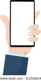 Hand of business man hold mobile phone, blank display screen of cell phone