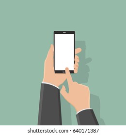 hand of business man hold phone and touch smartphone,business concept,flat design