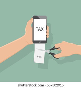 hand of business man hold smart phone to payment tax,hand use scissors to cut paper bill,flat design,vector illustration