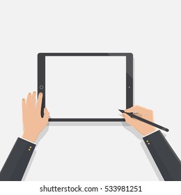 hand of business man hold tablet and stylus pen,flat design