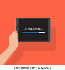 Hand of business man hold tablet downloading screen,flat design