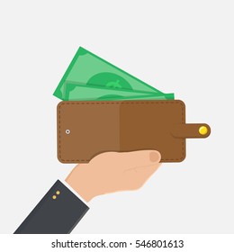 hand of business man hold wallet and put money on wallet.
