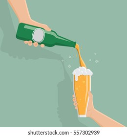 hand of business man holding bottle beer,businessman pouring beer on glass,flat design, vector illustration eps10.