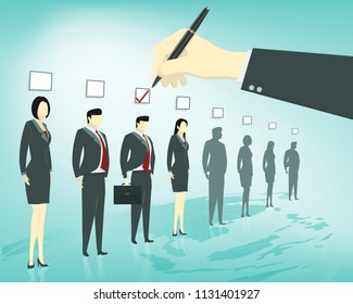 a hand of business man holding a pen to check a checkbox over candidate person
