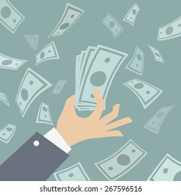Hand Of Business Man Holding Spread Of Cash On Background With Falling Money. Vector Illustration.