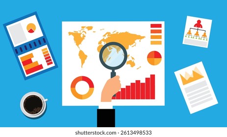 Hand of Business Man with Magnifying Glass Exploring Sales Graph. People at work and activities vector art