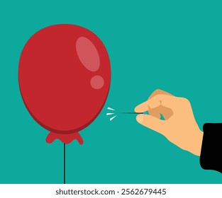 Hand of Business Man Popping a Balloon with Needle. Business ideas and topics concept vector art