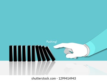 Hand of business man pushing dominoes for start on blue background Planning risk and strategy concept for begin work process, paper art and abstract design vector