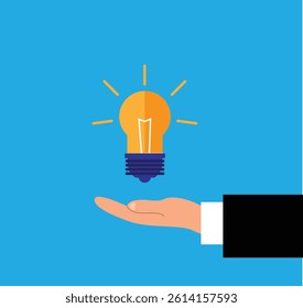 Hand of Business Man Showing a Shining Light Bulb Flat Style. Energy and electronics, bright idea concept vector