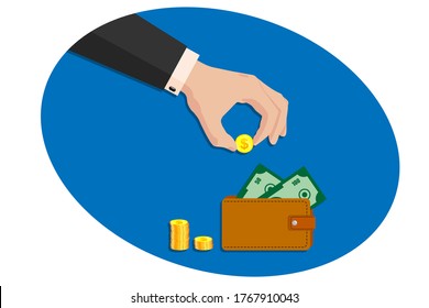 Hand of a business man in a suit puts a golden dollar in a leather purse. Issuing loans, deposits, loan money, saving money and finances, banking. Vector on white isolated background.