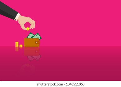 Hand of a business man in a suit puts a golden dollar in a leather wallet, purse with mirror reflection effect. Issuing loans, deposits, loan money, saving money and finances, banking. Vector isolated