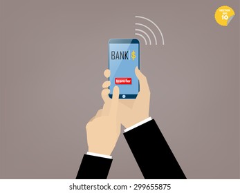 Hand of business man touching transfer button of mobile banking application on the smartphone screen
