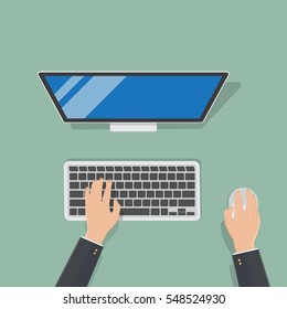 hand of business man use dekstop computer,monitor and keyboard,businessman use mouse
