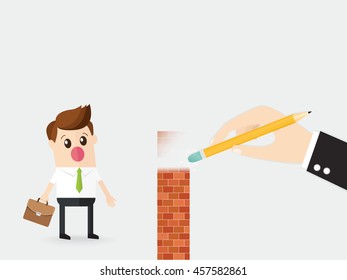 hand of business man using rubber delete wall obstacle for employee.