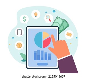Hand of business person and tablet with statistics on screen. Person analyzing company performance flat vector illustration. Marketing, development concept for banner, website design or landing page