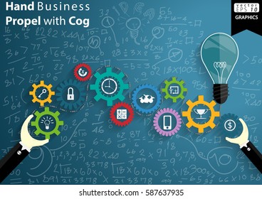 Hand Business Propel with cog,Background Calculate Numbers  modern design Idea and Concept Vector illustration  with lamp, icon.