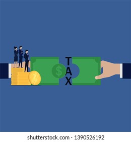 Hand business rip money paper for tax payment. Suitable For Wallpaper, Banner, Background, Book Illustration, And Web Landing Page.