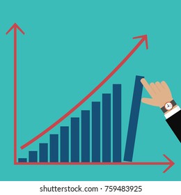 Hand business show graph. Chart with hand pushing the tallest bar vector