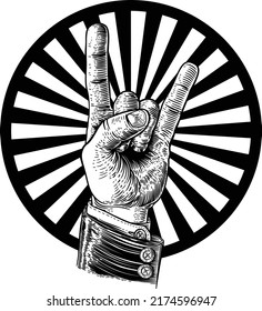 A hand in business suit doing a heavy metal rock music sign gesture in a vintage woodcut retro style
