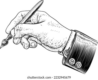 A hand in business suit holding an artists paintbrush or paint brush in a vintage engraved or etched woodcut print style