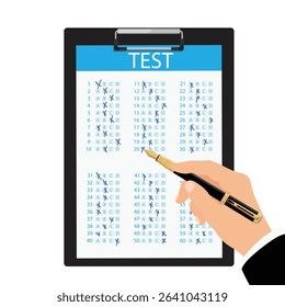 Hand in a business suit holding fountain pen and writing test on sheet of paper attached to black clipboard, isolated on white background. Vector illustration